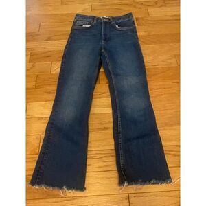 Zara, women's dark wash, mid rise, frayed hem flared jeans size 6